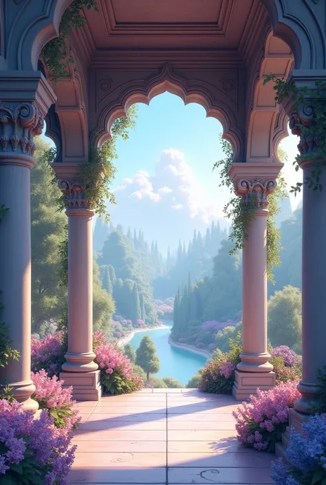 I need the image of a castle porch overlooking a flowery garden in shades of pink,  lilac and blue 