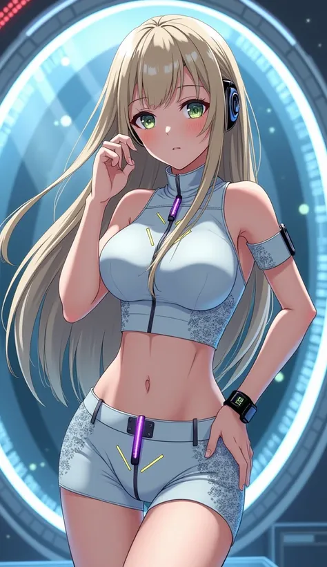 Detailed anime illustration, pixiv style,anime love-live style, zero gravity space. Woman dressed in white spaceship high-tech capsule, cold sleep device. Japanese woman, blonde long hair, wearing futuristic underwear with biosensors and circuit patterns. ...