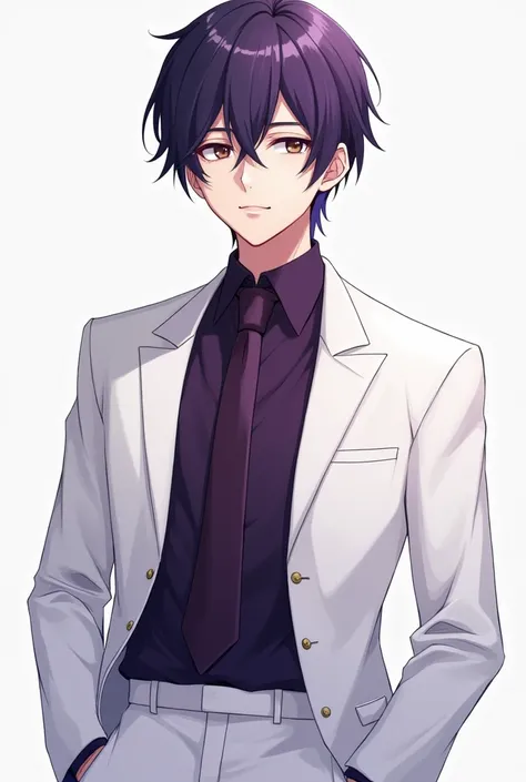 Max Kokochi is a rich boy, 1.83m tall and 24 years old. he has heterochromia black and Hazel eyes, his hair is purple and hes handsome. wears a white suit with a dark purple T-shirt underneath and a dark purple tie.