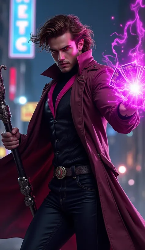 "Create a dynamic image of Gambit from the X-Men, depicted in a dramatic action pose. Showcase his signature look: a black and pink body armor with a long brown trench coat flowing in the wind, and a metal staff held confidently in one hand. Highlight his ...