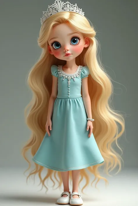 Andrea is a  girl with Blonde hair and long hair, Andrea wears a white white diadem on her head. Andrea wears a light-blue dress and white shoes. Andrea has blue eyes and freckles. Andrea’s skin is pale. Realistic image 