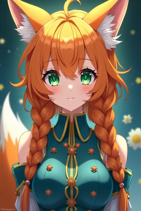  Create a female anime-style character with orange hair with two large braids , like green eyes like emerald  , with fox ears and tail the same color as the hair of a blue court fools dress 