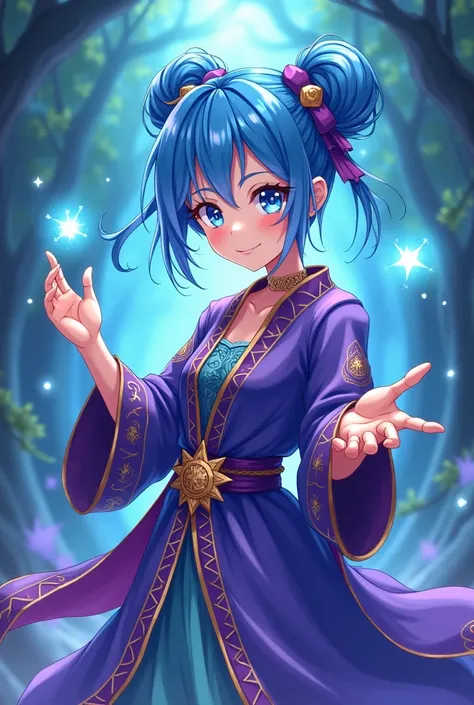 Short anime woman with blue hair and a wizard costume