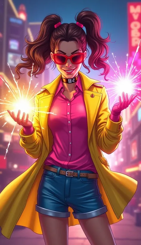 "Create a vibrant and energetic image of Jubilee from the X-Men, showcasing her youthful and playful personality. Depict her wearing her classic yellow trench coat over a bright pink shirt, with blue shorts and fingerless gloves. Highlight her signature la...