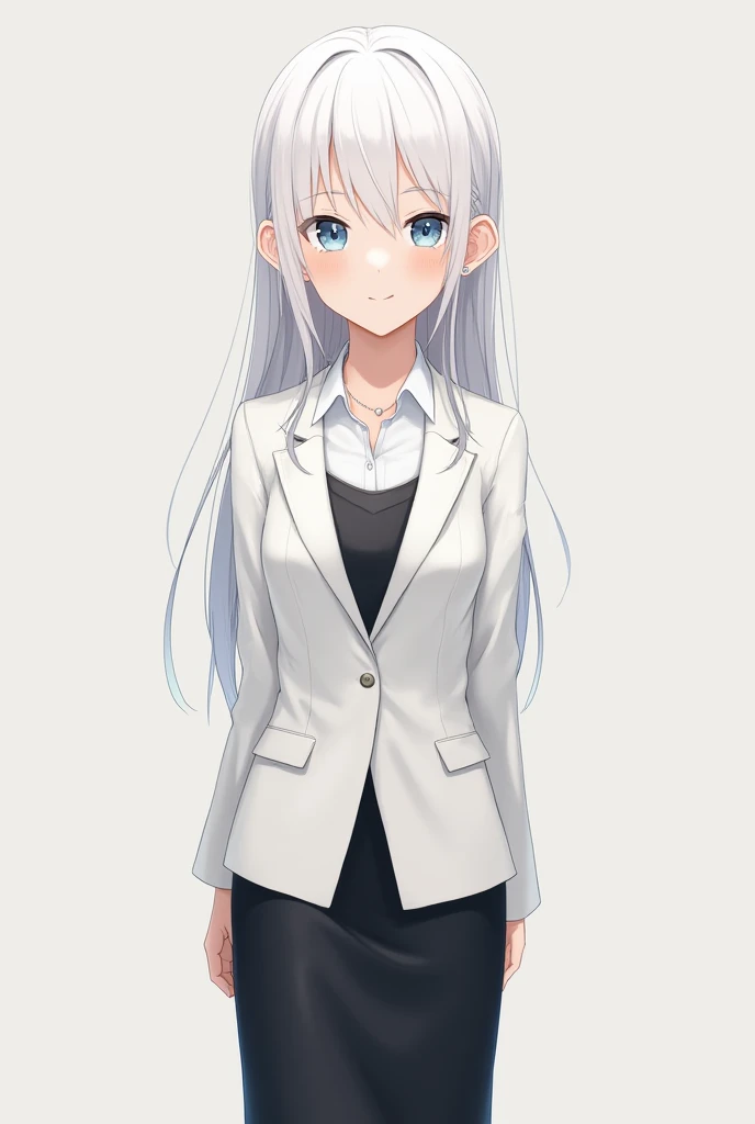 Make a high school girl with long white hair and light blue eyes in a white suit and a black skirt and who is standing smiling