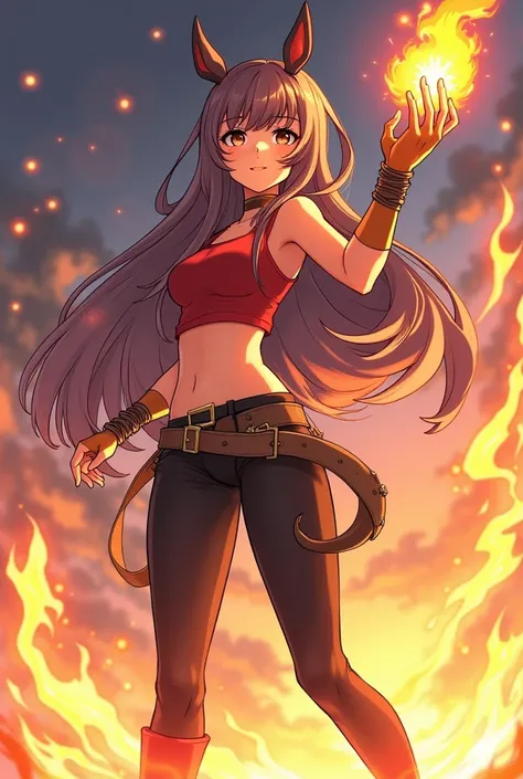 Generate me a girl with hair up to her ankles at the feet or even longer one that is turned sideways with her right leg exposed forward and her left arm exposed forward let fire fly from her hand let her be in a top and leggings in anime style If she was g...