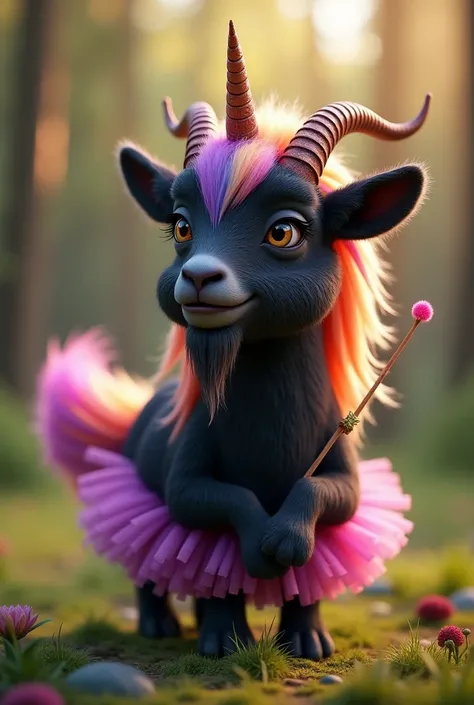 Object:. More Realistic black baphomet goat, 
  The goat has clear unicorn features such as the unicorn on its forehead, rainbow mane and rainbow colored tail.Wears a tutu, and has a magic wand.

Location: fairytale forest

 Dreamy 3D Rendering, 8K Octane,...