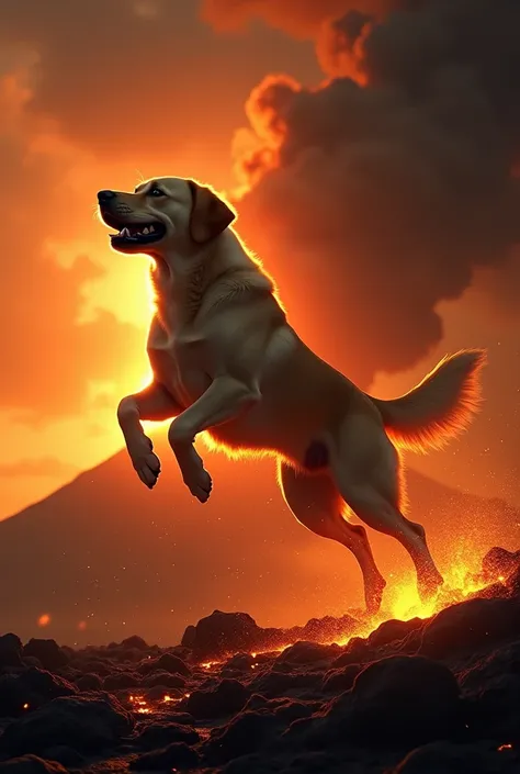 Labrador dog jumping a volcano 