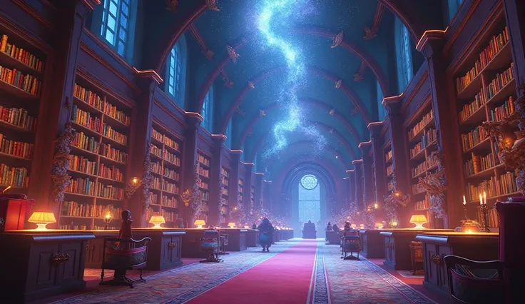 A wide-angle view of a cozy magical library interior with floating bookshelves. The entire scene swirls with vibrant colors and sparkles, creating a mesmerizing and magical moment in 3D Disney Pixar style animation.