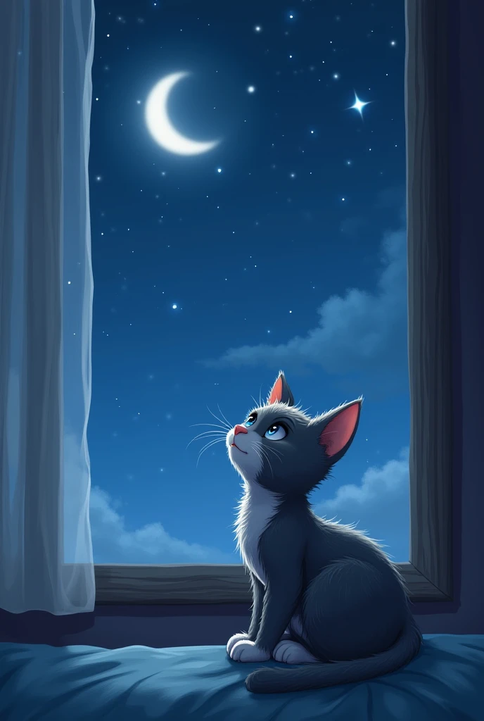 A small, soft-furred gray cat named Milo sits on a comfortable bed next to a large window. The sky outside is a deep blue filled with bright stars that twinkle in the silence of the night. Milo, with his white paws and a small white patch on his chest, loo...