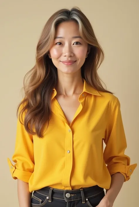  Make a 60-year-old woman not too old Asian, light brown hair,  clear eyes, wearing a yellow blouse and plain dark jeans . Cabelo liso longo 