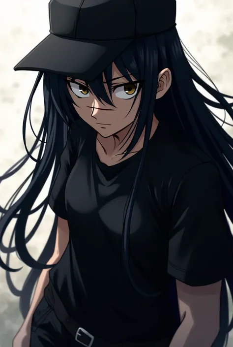 An anime character has long black hair, a back cap, a scar on the nose, a black top, black pants.