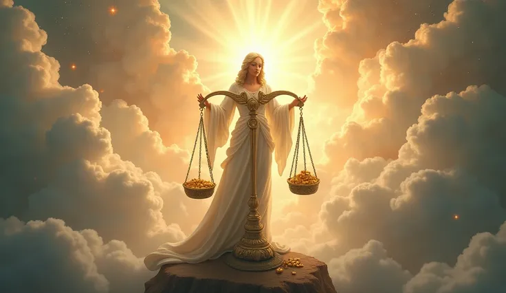 A symbolic picture with the scales of divine justice, on one side earthly riches and on the other, compassion and faith