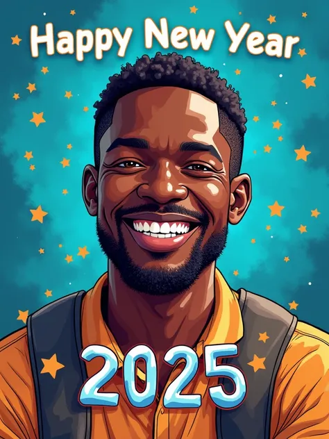 An image of a Senegalese man , tin clair, qui souhaite une bonne année 2025, couleurs jeunes et bleus,  written on the image Ndiaye creator and UG.