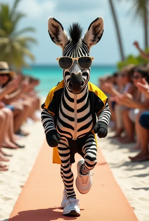 A small black and white zebra with black spots and very fluffy fur walking confidently and boldly with a calm expression on a fashion show on the red carpet catwalk, with sunglasses, wearing a black and Yellow new balance tracksuit and white Nike sneakers ...