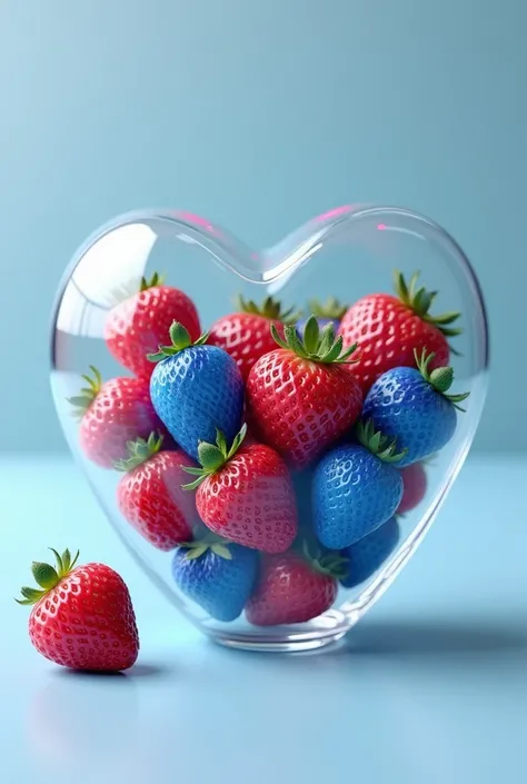 Blue and red strawberries in a glass heart shape