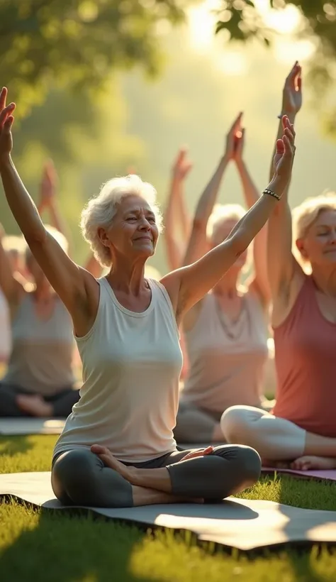  A scene that shows people of different age groups (adults and the elderly ) in situations related to well-being , practicing yoga.  realistic image 