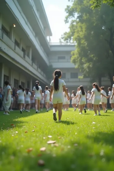  Photo In the courtyard of the school where the floor of the lawn is covered with grass, your girls school is detoxifying, the girls, my long facial expressions, wearing a white scarf, the happy, energetic voices of the s were all wrapped up..  everywhere ...