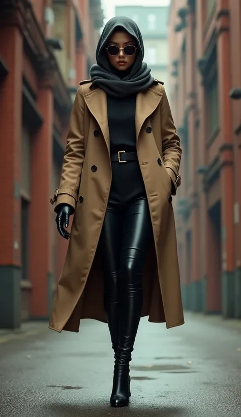  Barbary style trench coat、 Stylish Women 、The buttons on the coat are closed、Im tightening my coat belt、 wearing black leather leggings and high heels 、 covering the head with a Hermès-style scarf 、Wearing sunglasses、Feeling like a spy 、Red Brick Warehous...