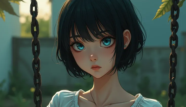 white sad pretty girl with short-black hair and blue eyes thinking on her swing at her backyard, the photo focus on her detailed pretty face, small, Cybergrunge, Hand Drawn, low angle, CGsociety, Faded, Sticker, psychedelic colors, Unworldly, backlit light...