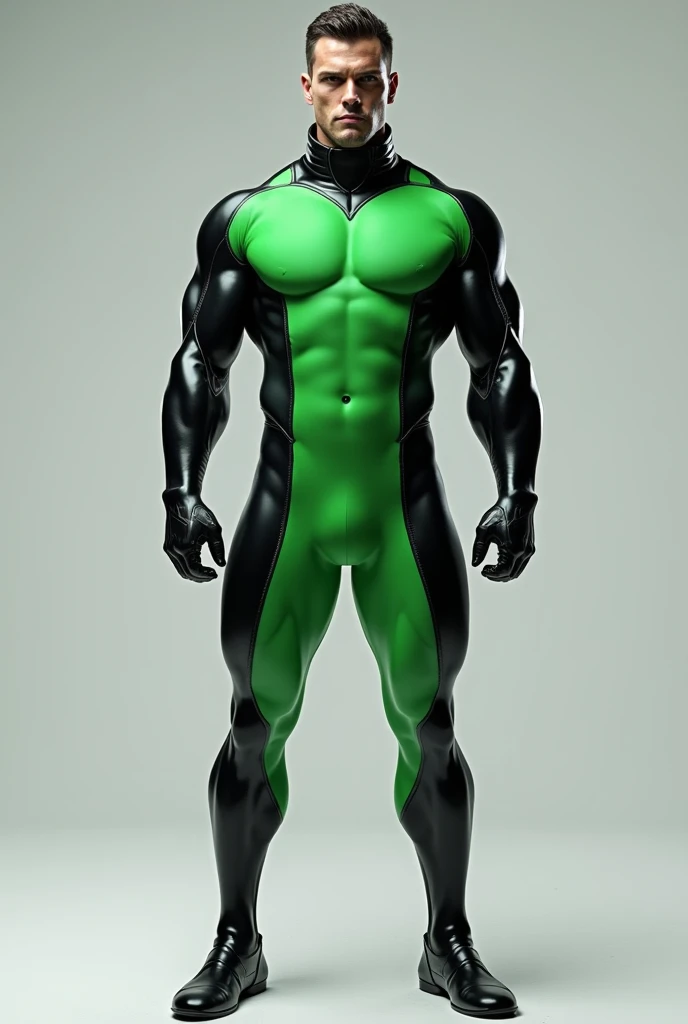 Realistic man, image rich in detail,  boots wearing green spandex costume with black, wearing black látex, front view, light gray background  