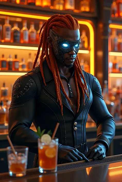 cyberpunk, black man, locs, cyberware on face, cyberpunk bartender outfit, orange hair, cybernetic eyes, in classy bar, serving drinks