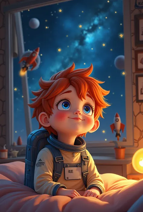 Make a cute little red headed  looking at the sky of his room. <the  wants to be an astronaut, and his room is filled with space stuff.The  is smiling with a face of a dreamer  