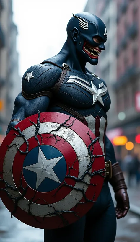  it creates a fusion of Venom and Captain America from Marvel  , It has to look very strong  ,  in the background it has to be on a city street  , blurred  ,  the character is very strong and with many veins the shield also has black veins 