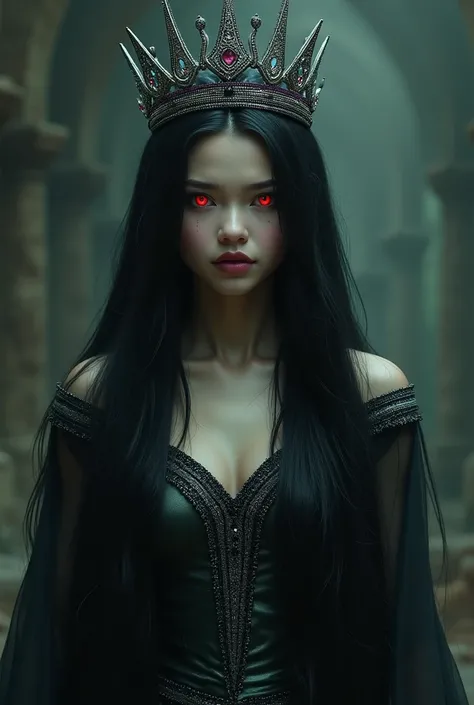 

  Imagine a princess with long straight black hair,  that waterfall down her back .   Her eyes are penetrating and have ominous glowing  ,   maybe ,  in a shade of red or deep green  .  She wears an elegant ,  crown but a darker ,   decorated with silver...