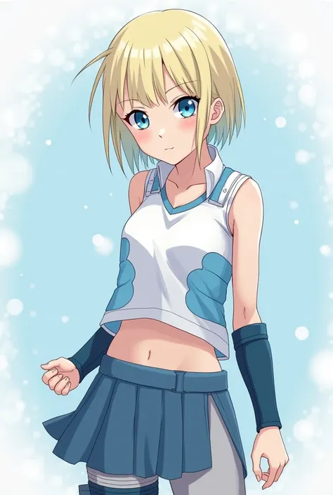 anime naruto. Kunoichi  : hair:  Blonde with light blue reflections ,  short in a half hair .

eyes: light blue, grandes y expresivos.

outfit:

 A white sleeveless t-shirt with ice blue details .

 Short skirt reinforced with a blue line design ,  over li...