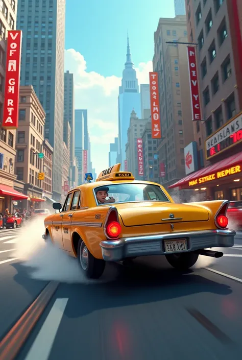 A taxi on the city street ,  at high speed. The camera starts the view from above . 3D STYLE DISNEY