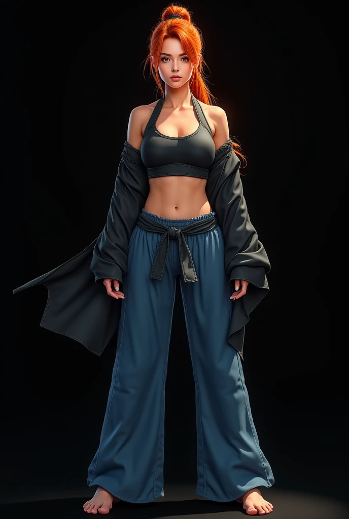  An extremely realistic full body illustration of an athletic young woman , with orange hair wearing a  " ponytail".  She has a master martial style , Dressed in a "Leotardo"  fitted with long and wide sleeves that fastens at the wrists in black-dyed leath...