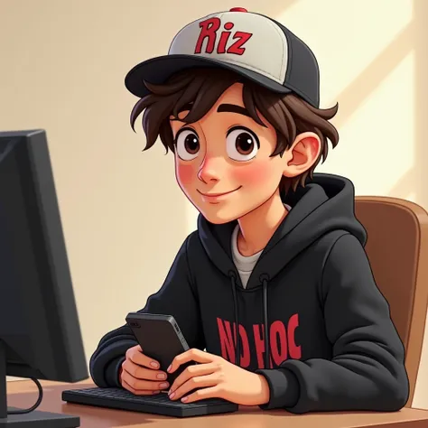 Adult man drawn in the Pixar prince style. Occhi castani.  Short dark brown hair . She has a shy smile . He is sitting at the computer and has a cell phone in his hand . Indossa un cappellino da baseball e una felpa nera con su scritto "Riz HOC " 