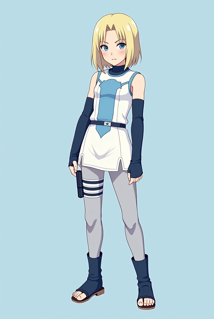 anime naruto. Kunoichi  : hair:  Blonde with light blue reflections ,  short in a half hair .

eyes: light blue, grandes y expresivos.

outfit:

 A white sleeveless t-shirt with ice blue details .

 Short skirt reinforced with a blue line design ,  over li...