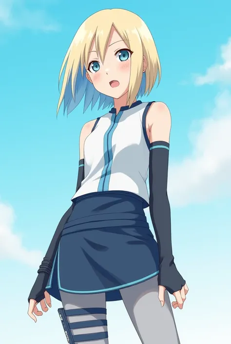 anime naruto. Kunoichi  : hair:  Blonde with light blue reflections ,  short in a half hair .

eyes: light blue, grandes y expresivos.

outfit:

 A white sleeveless t-shirt with ice blue details .

 Short skirt reinforced with a blue line design ,  over li...