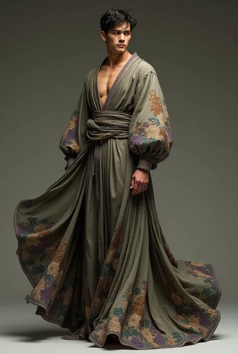 A male free long gown with a flora brown, green, purple, and black color material with a puff sleeve 