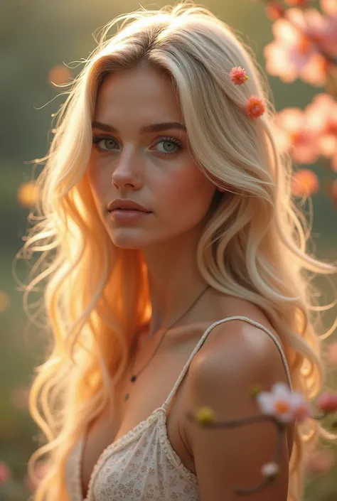  blond hair ,  with vibrant bokeh balls gently framing her delicate shape .