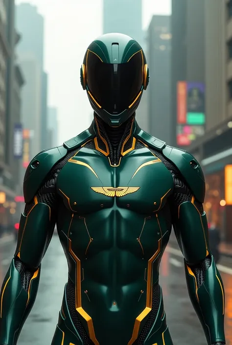   realistic photo ,  futuristic android made by Aston Martin Motors,  dark green paint with gold ,  Aston Martin emblem on the chest , Futuristic London ,  muscular male structure , 