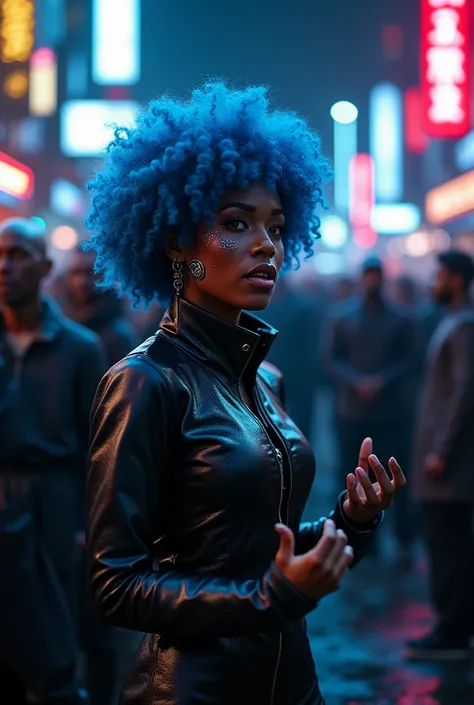 cyberpunk, black woman, big curly hair, cyberware on face, cyberpunk street outfit, paste blue hair, cyberpunk headpiece, on street preaching to people