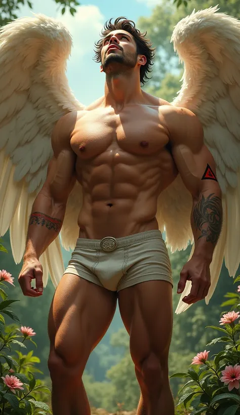 Spectacular biceps in a handsome and muscular angel with a barra working the piernas fuertes y musculoso en un jardín , real, close up con tatto doble triángulo rojo en su brazo en boxer