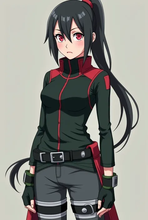 Anime Naruto girl . Kunoichi  .  Slim long sleeve t-shirt with details in fire red and emerald green .

 Reinforced high collar decorated with visible seams in fire red ,  highlighting her combat style .  dark gray combat pants ,  tight and with reinforcem...