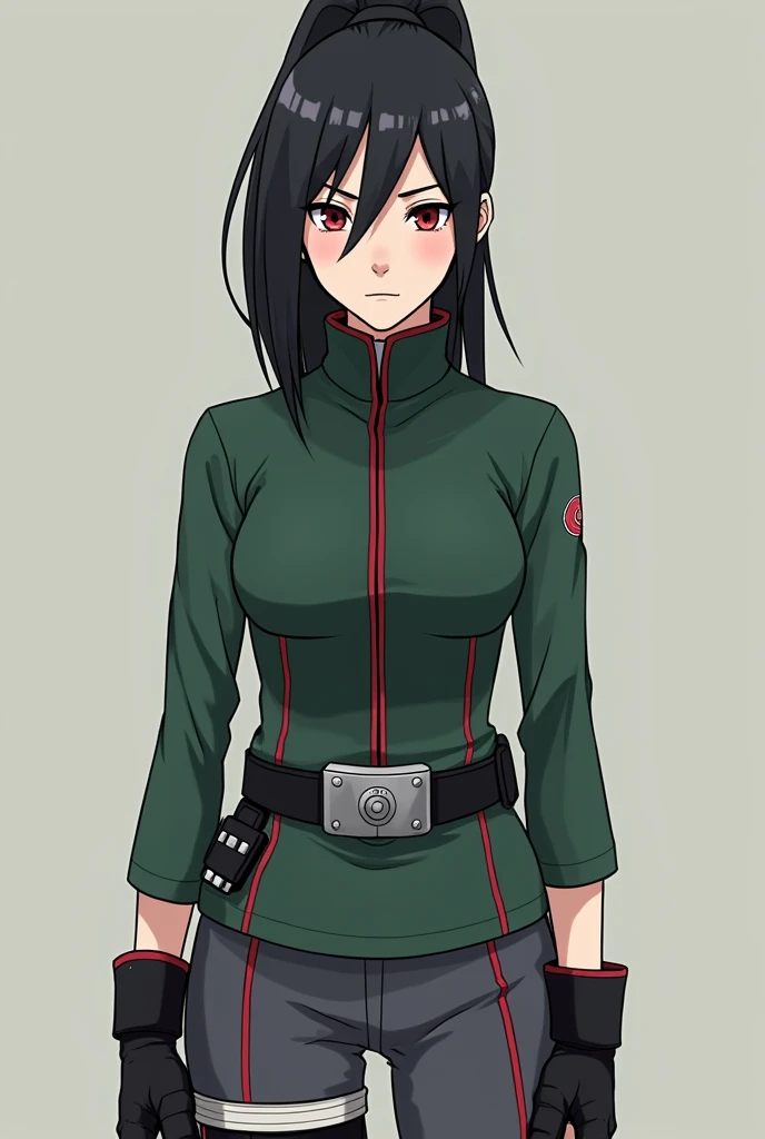 Anime Naruto girl . Kunoichi  .  Slim long sleeve t-shirt with details in fire red and emerald green .

 Reinforced high collar decorated with visible seams in fire red ,  highlighting her combat style .  dark gray combat pants ,  tight and with reinforcem...