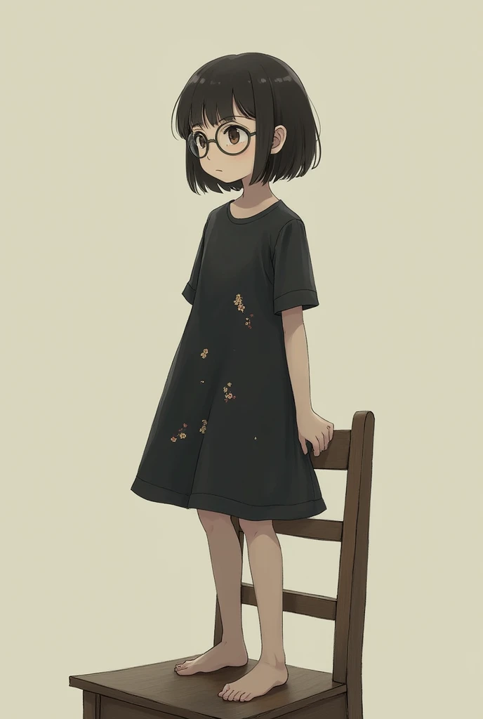 A young girl with short hair wearing glasses in a black dress with flowers on her stands on a chair looks dry 