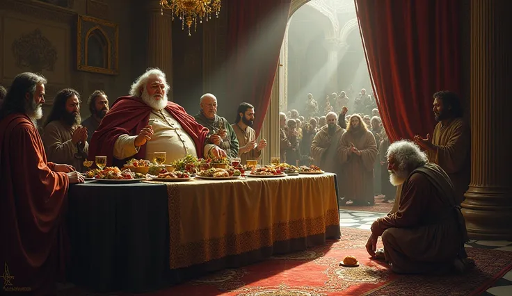 A contrasting illustration of a rich old man feasting lavishly while a poor old man, wounded and hungry, waits for crumbs at the door, with a biblical scene in the background