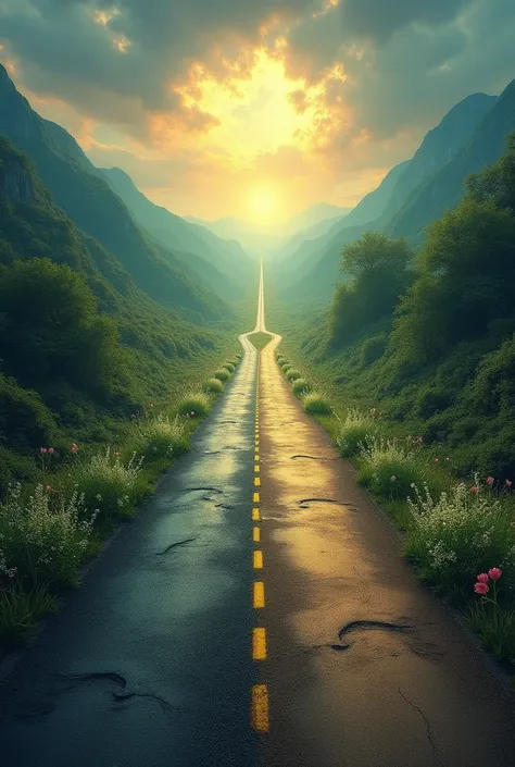 Draw a road divided in two,  a path full of bad things ,And the other illuminated , with flowers, Birds 