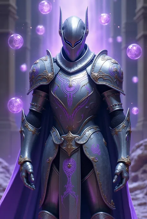 Now a silver knight with purple accents across the armour with floating purple and blue runes surrounding him