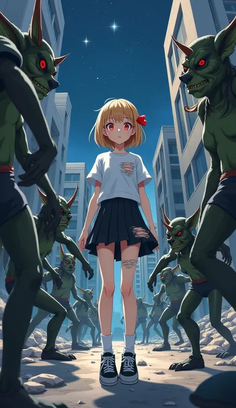 masterpiece,  top quality ,  high res,  very detailed,((( a pretty blonde girl who is stunned ))), ((( Japanese Anime))), ((( short hair))), ((( brown skin next to a woman))), ((( ripped white Y shirt ))), ((( torn black pleated skirt ))), (((ripped white ...