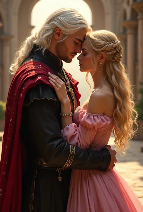 A golden blonde-haired princess in a pink dress from the medieval era hugging a  white-haired targaryen son im red and black clothes to show her womans face 