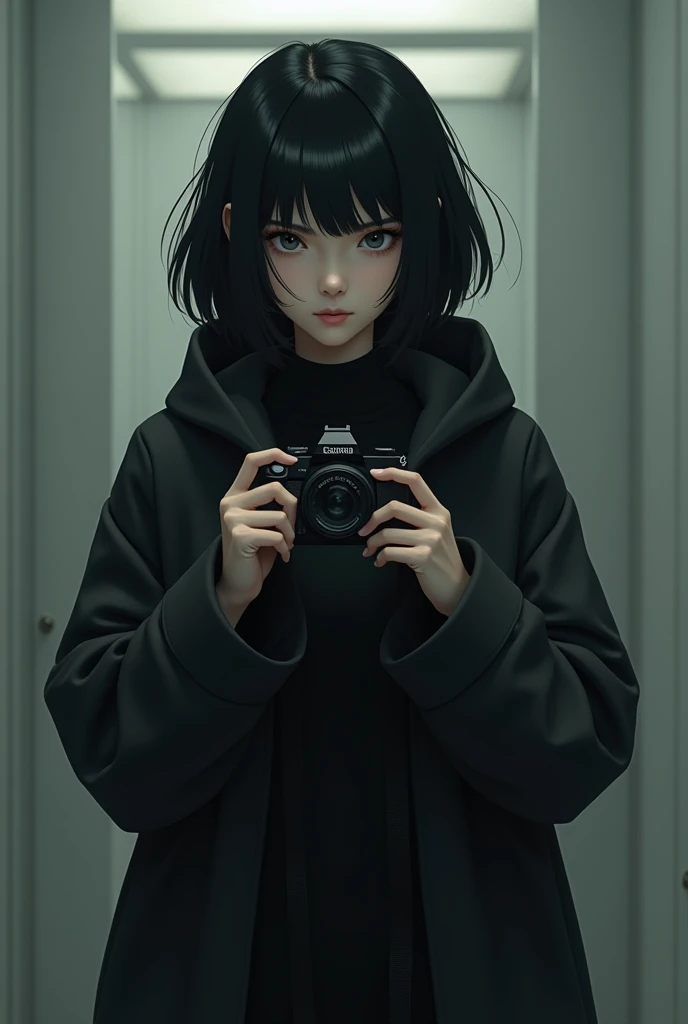 short black haired girl , black clothes and a camera 