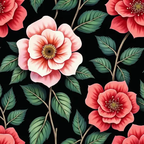 watercolor roses repatable pattern, in the style of dark black background, red, white, green, soft color blending , Watercolor, trending on artstation, sharp focus, studio photo, intricate details, highly detailed, by greg rutkowski